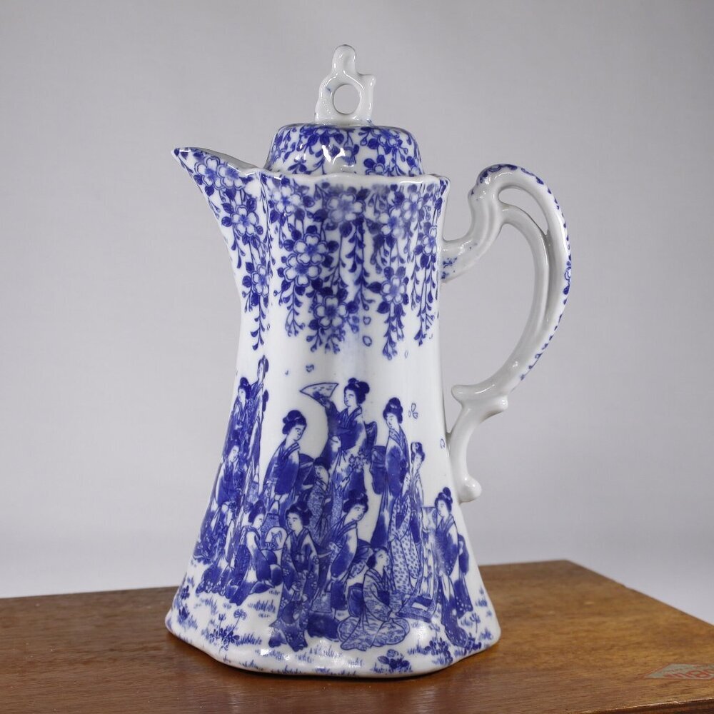 Vintage Japanese wine carafe, blue and white coffee pot, geishas kimono Sakura